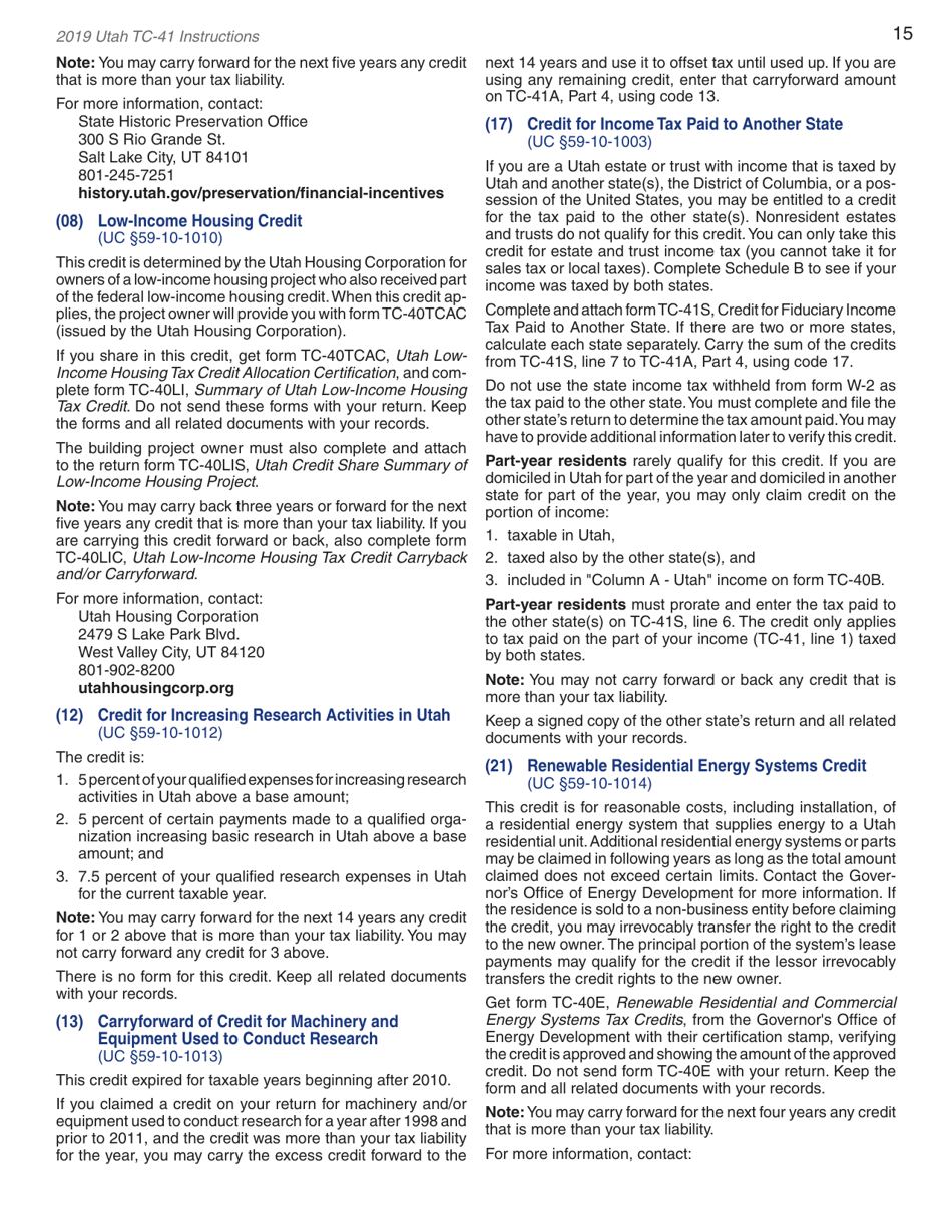 Instructions for Form TC-41 Utah Fiduciary Income Tax Return - Utah, Page 17
