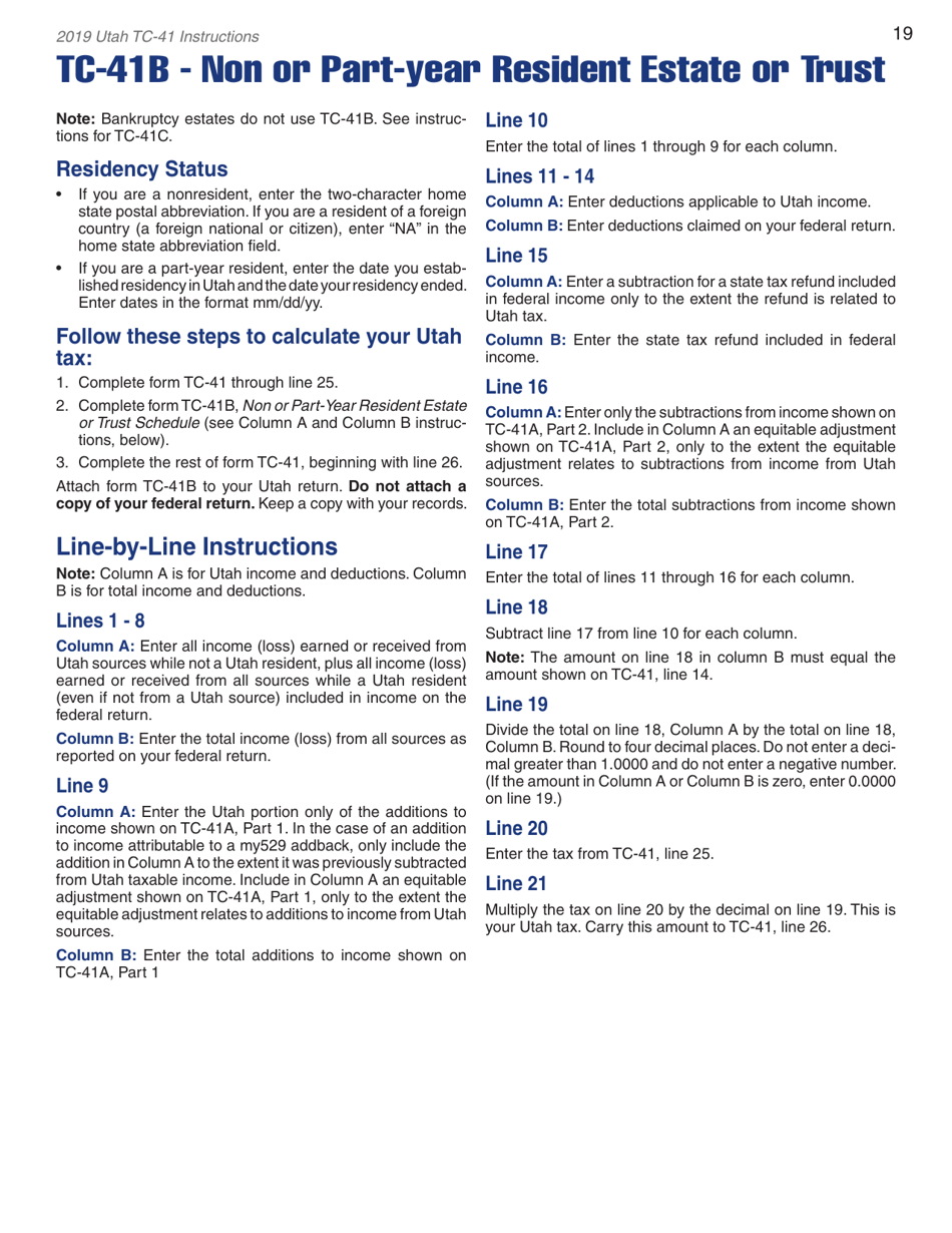 Instructions for Form TC-41 Utah Fiduciary Income Tax Return - Utah, Page 21