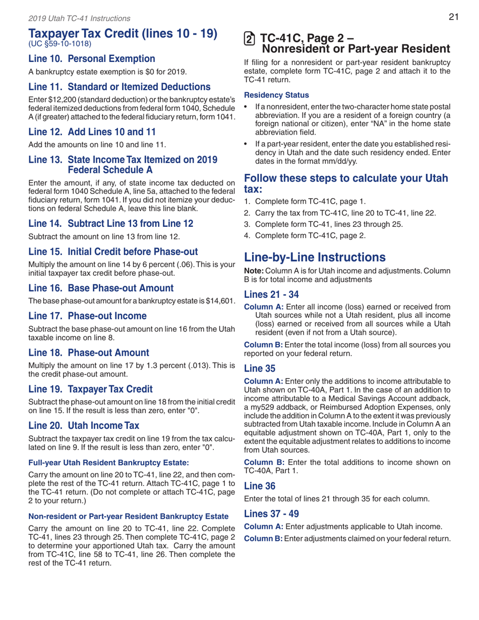 Instructions for Form TC-41 Utah Fiduciary Income Tax Return - Utah, Page 23