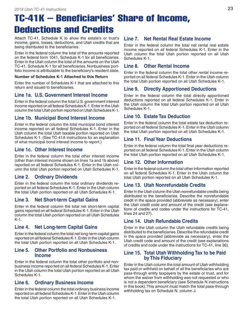 Instructions for Form TC-41 Utah Fiduciary Income Tax Return - Utah, Page 25