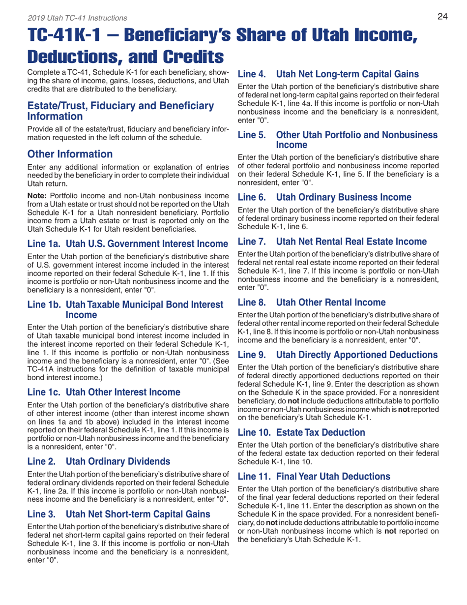 Instructions for Form TC-41 Utah Fiduciary Income Tax Return - Utah, Page 26