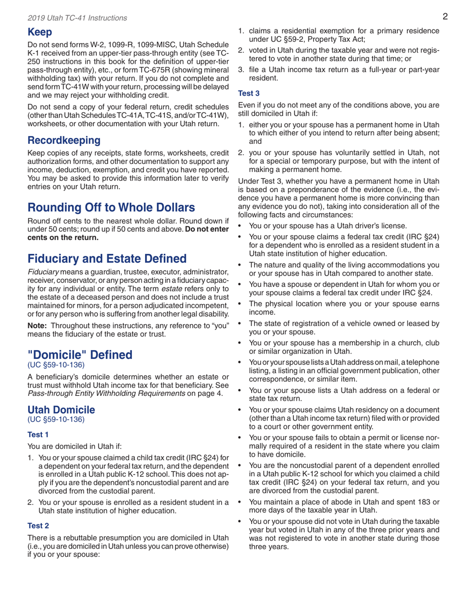Instructions for Form TC-41 Utah Fiduciary Income Tax Return - Utah, Page 4