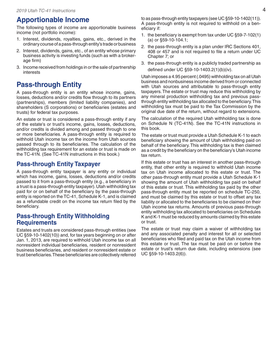 Instructions for Form TC-41 Utah Fiduciary Income Tax Return - Utah, Page 6