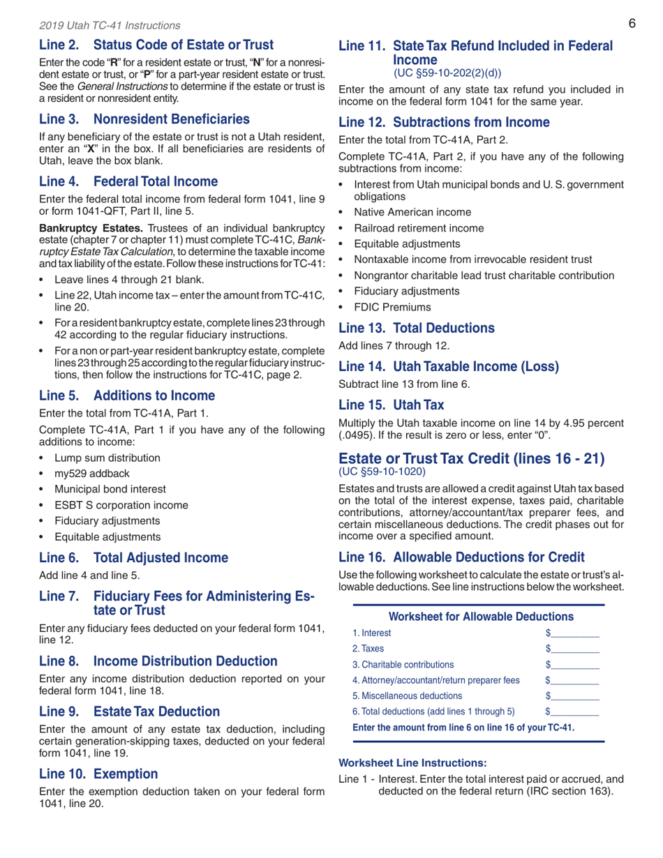 Instructions for Form TC-41 Utah Fiduciary Income Tax Return - Utah, Page 8