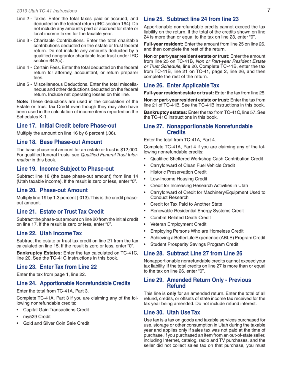 Instructions for Form TC-41 Utah Fiduciary Income Tax Return - Utah, Page 9