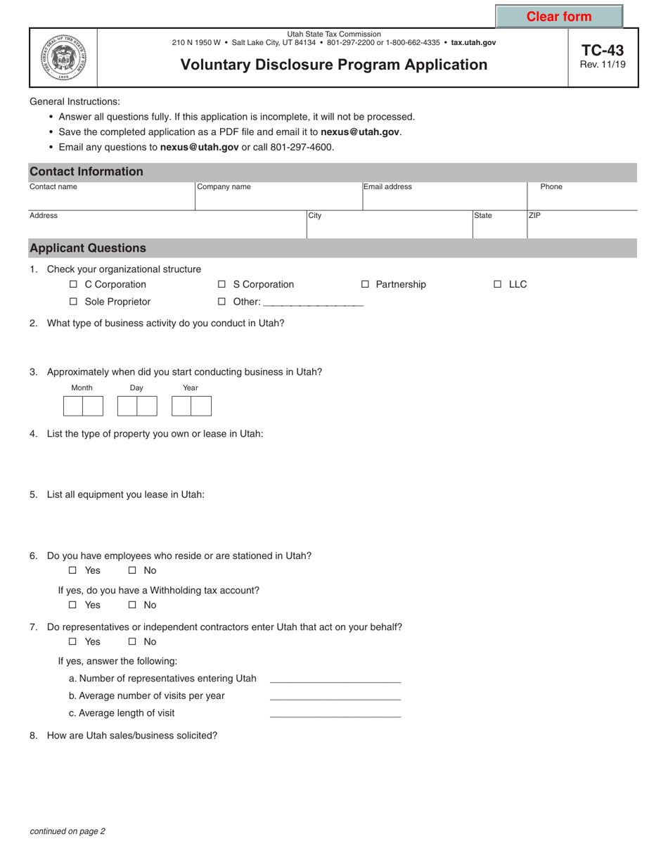 Form TC43 Download Fillable PDF or Fill Online Voluntary Disclosure