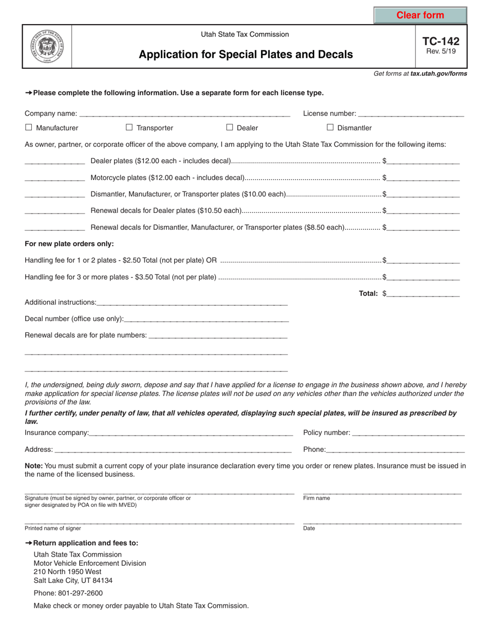 Form TC-142 Application for Special Plates and Decals - Utah, Page 1