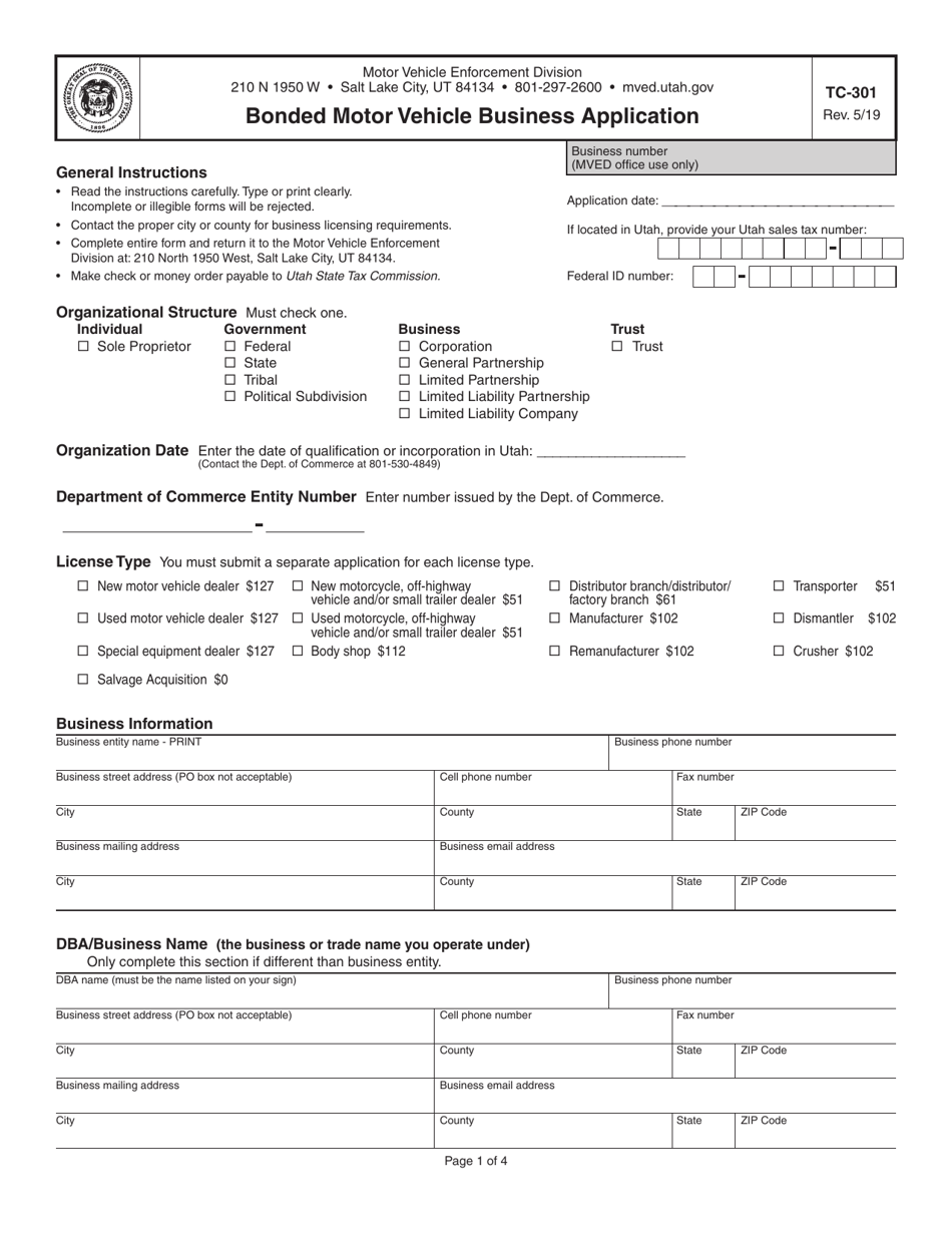 Form TC-301 Bonded Motor Vehicle Business Application - Utah, Page 1