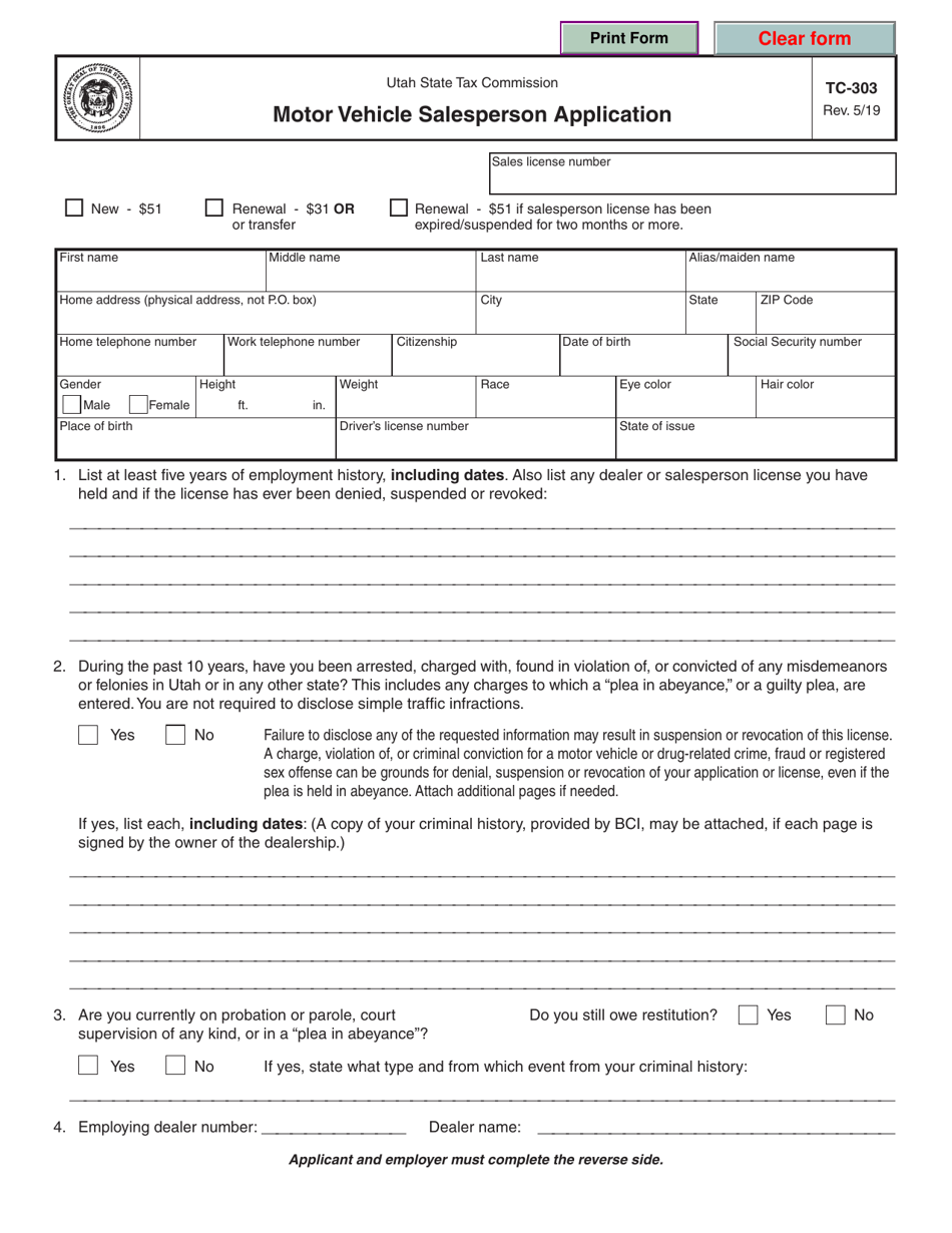Form TC-303 Motor Vehicle Salesperson Application - Utah, Page 1