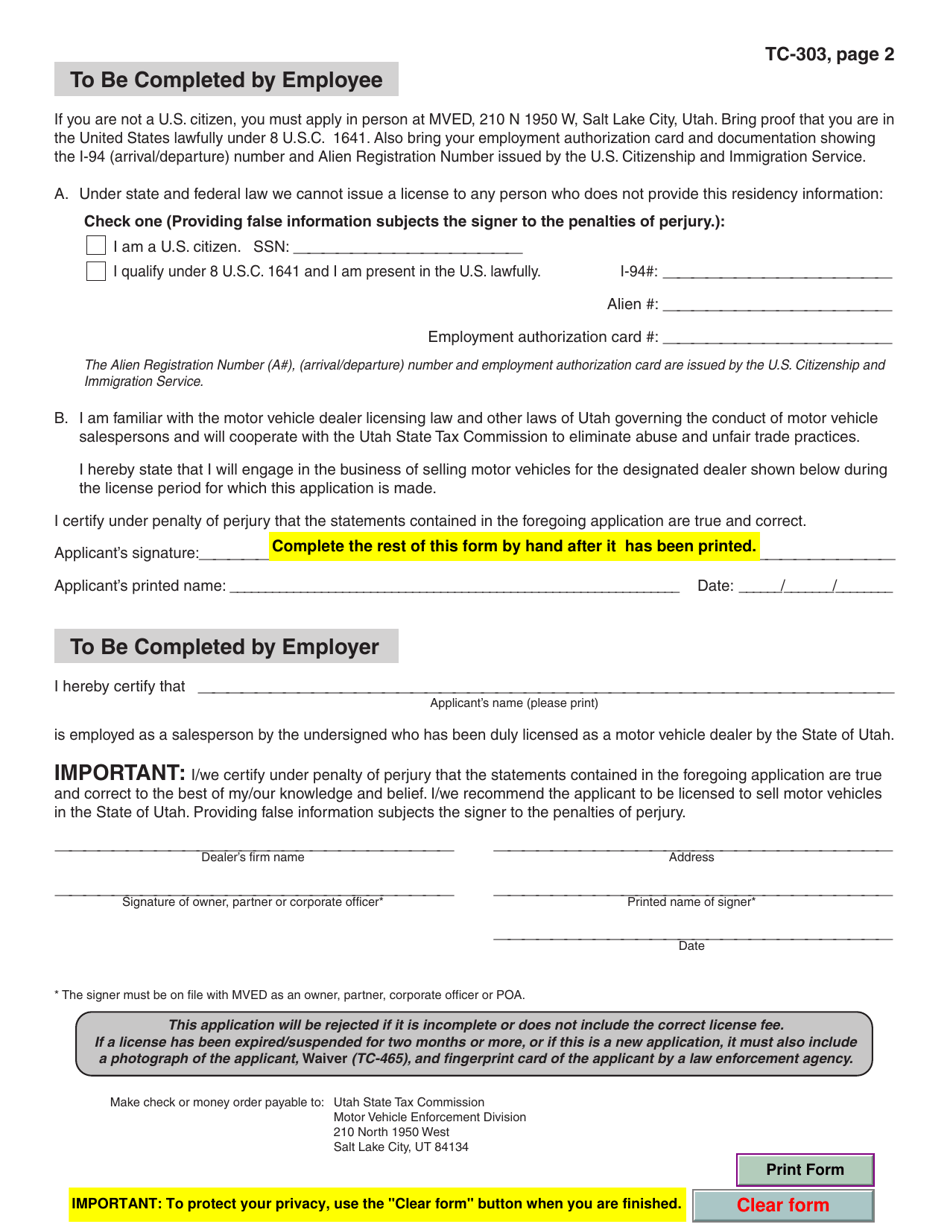 Form TC-303 Motor Vehicle Salesperson Application - Utah, Page 2