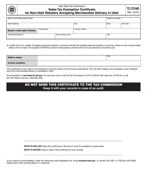 form tc 721nr sales tax exemption certificate for non utah retailers accepting merchandise delivery in utah utah big