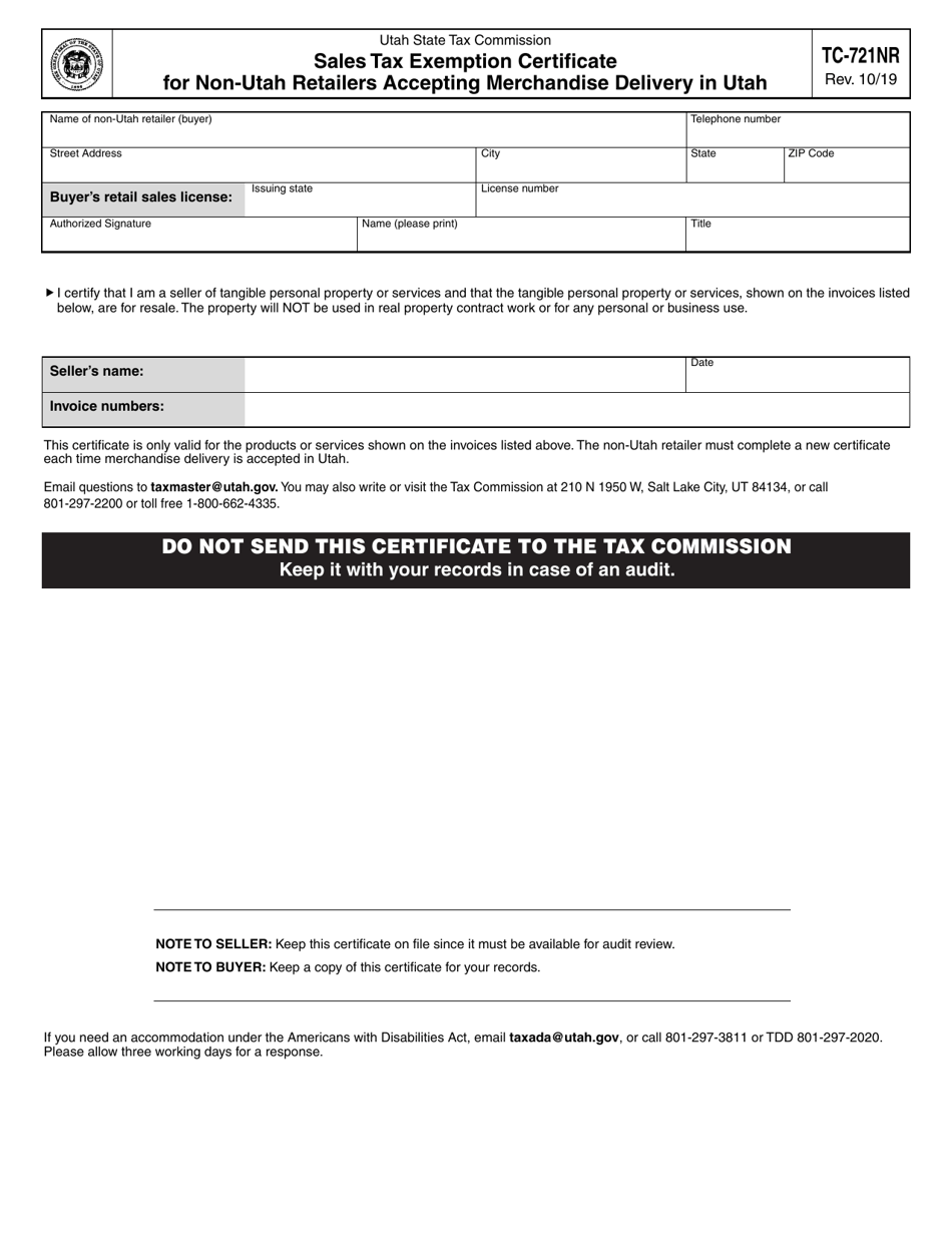Form TC-721NR Sales Tax Exemption Certificate for Non-utah Retailers Accepting Merchandise Delivery in Utah - Utah, Page 1