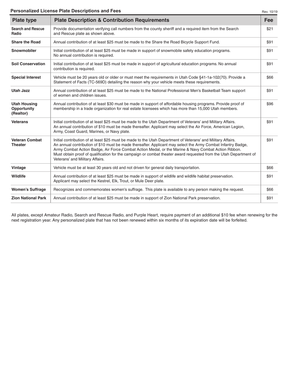 Form TC-817 Application for Personalized Plates and Replacement of Existing Personalized Plates - Utah, Page 3