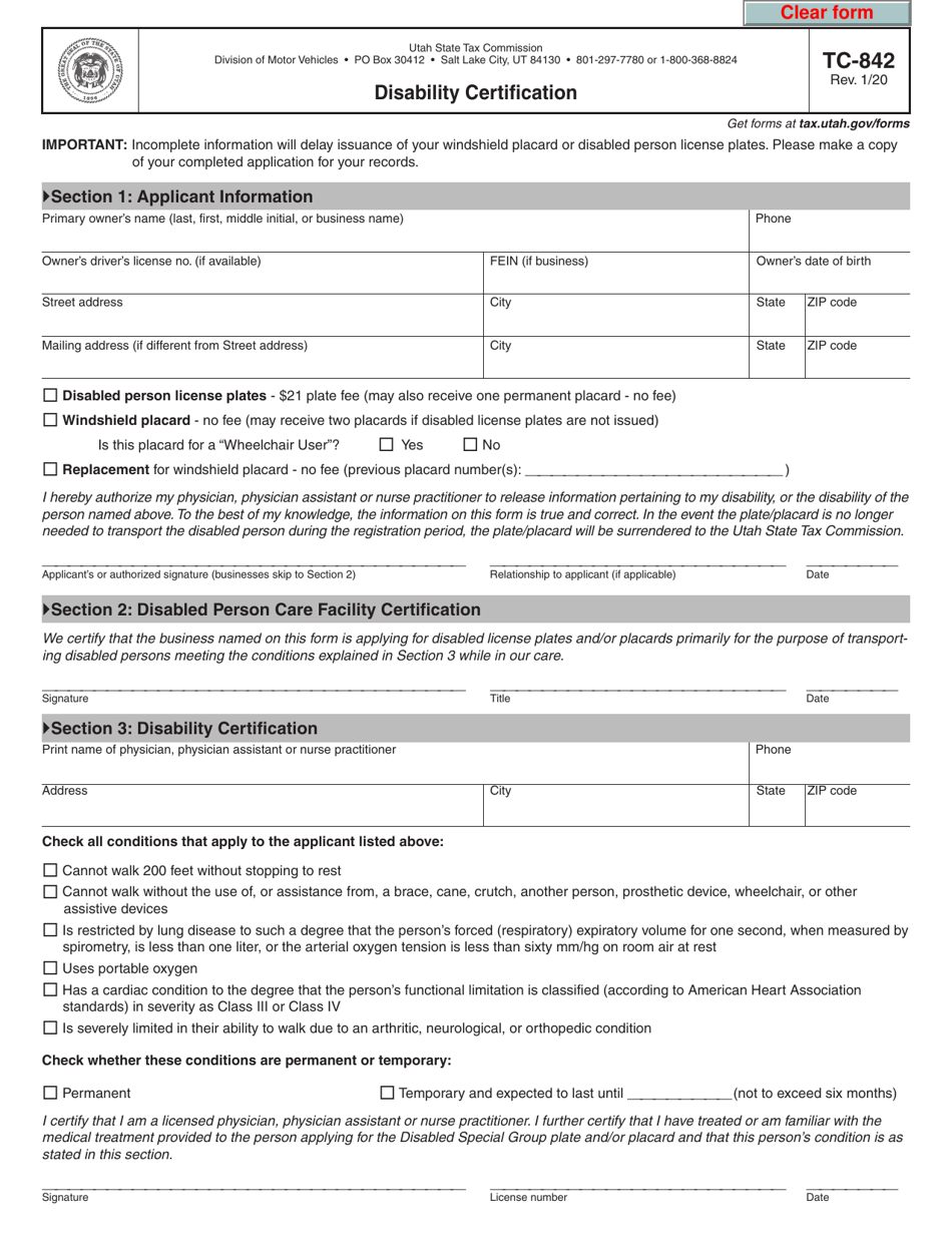 Form TC-842 Disability Certification - Utah, Page 1