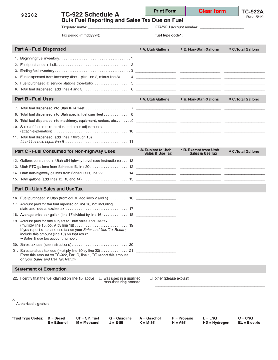 Form TC-922 Schedule A Bulk Fuel Reporting and Sales Tax Due on Fuel - Utah, Page 1