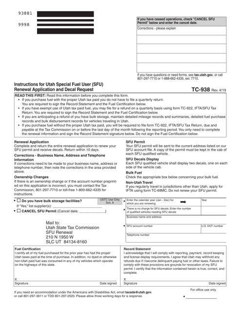Instructions for Form TC-397 Utah Special Fuel User (Sfu) Renewal Application and Decal Request - Utah