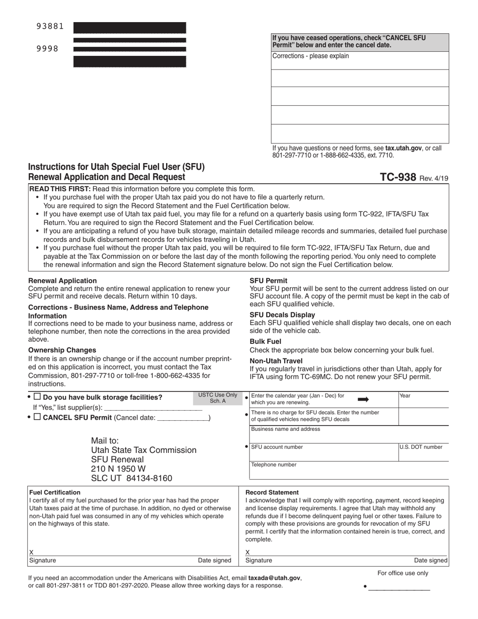 Instructions for Form TC-397 Utah Special Fuel User (Sfu) Renewal Application and Decal Request - Utah, Page 1