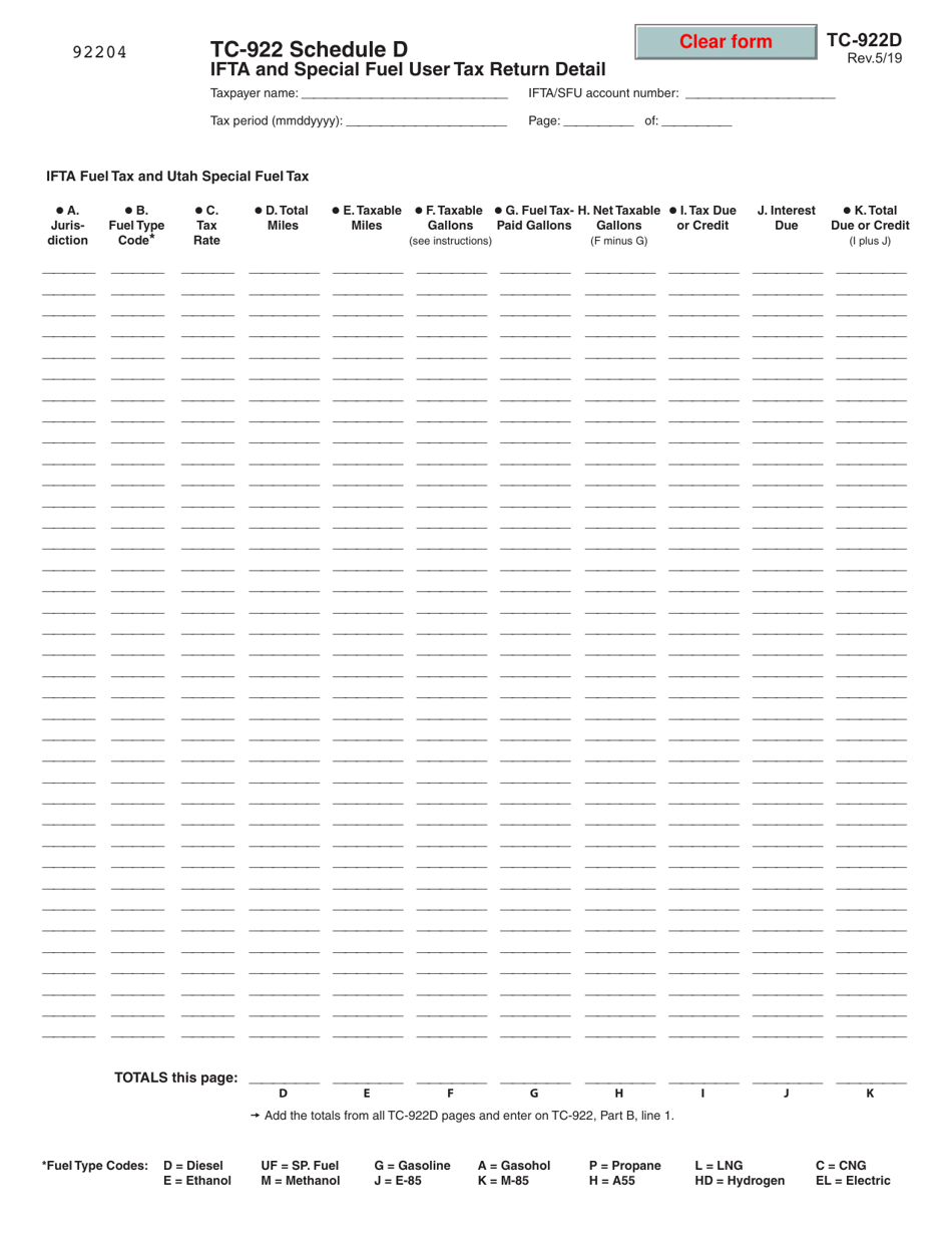 Form TC-922 Schedule D Ifta and Special Fuel User Tax Return Detail - Utah, Page 1