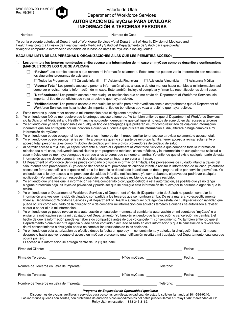 Formulario DWS-ESD / WDD114MC Autorizacion De Mycase Para Divulgar Informacion a Terceras Personas - Utah (Spanish), Page 1