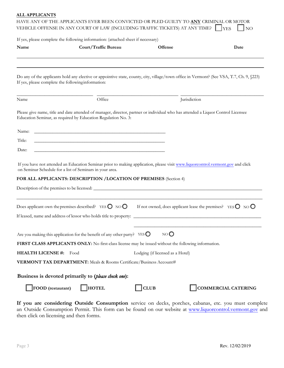 First / Second / Third Class Liquor License and Tobacco Application - Vermont, Page 3