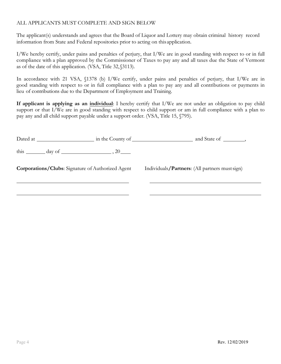 First / Second / Third Class Liquor License and Tobacco Application - Vermont, Page 4