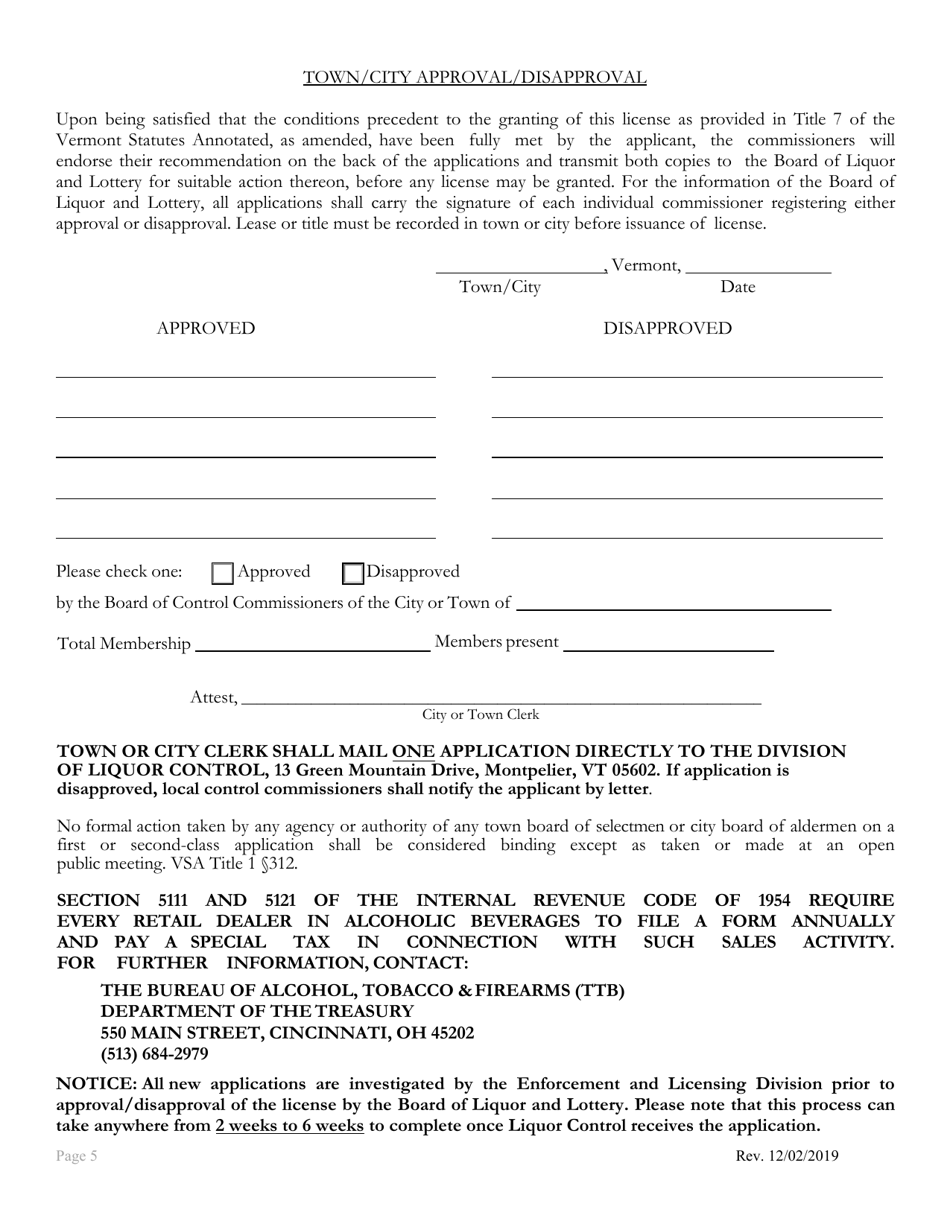 Vermont First/Second/Third Class Liquor License and Tobacco Application