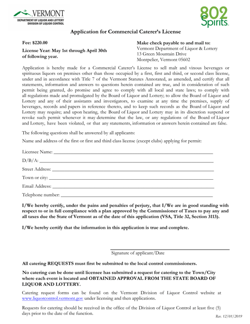 Application for Commercial Caterer's License - Vermont Download Pdf