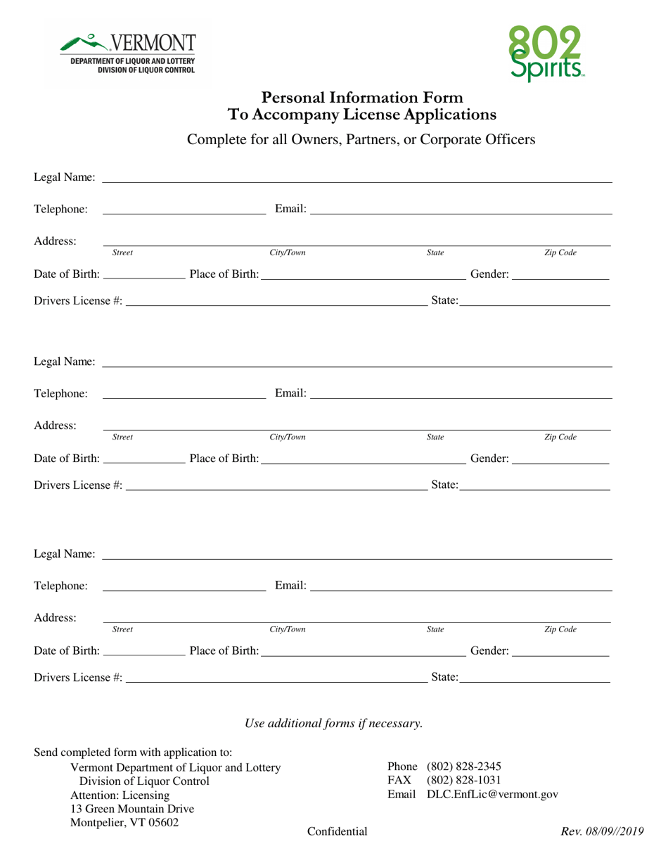 Personal Information Form to Accompany License Applications - Vermont, Page 1