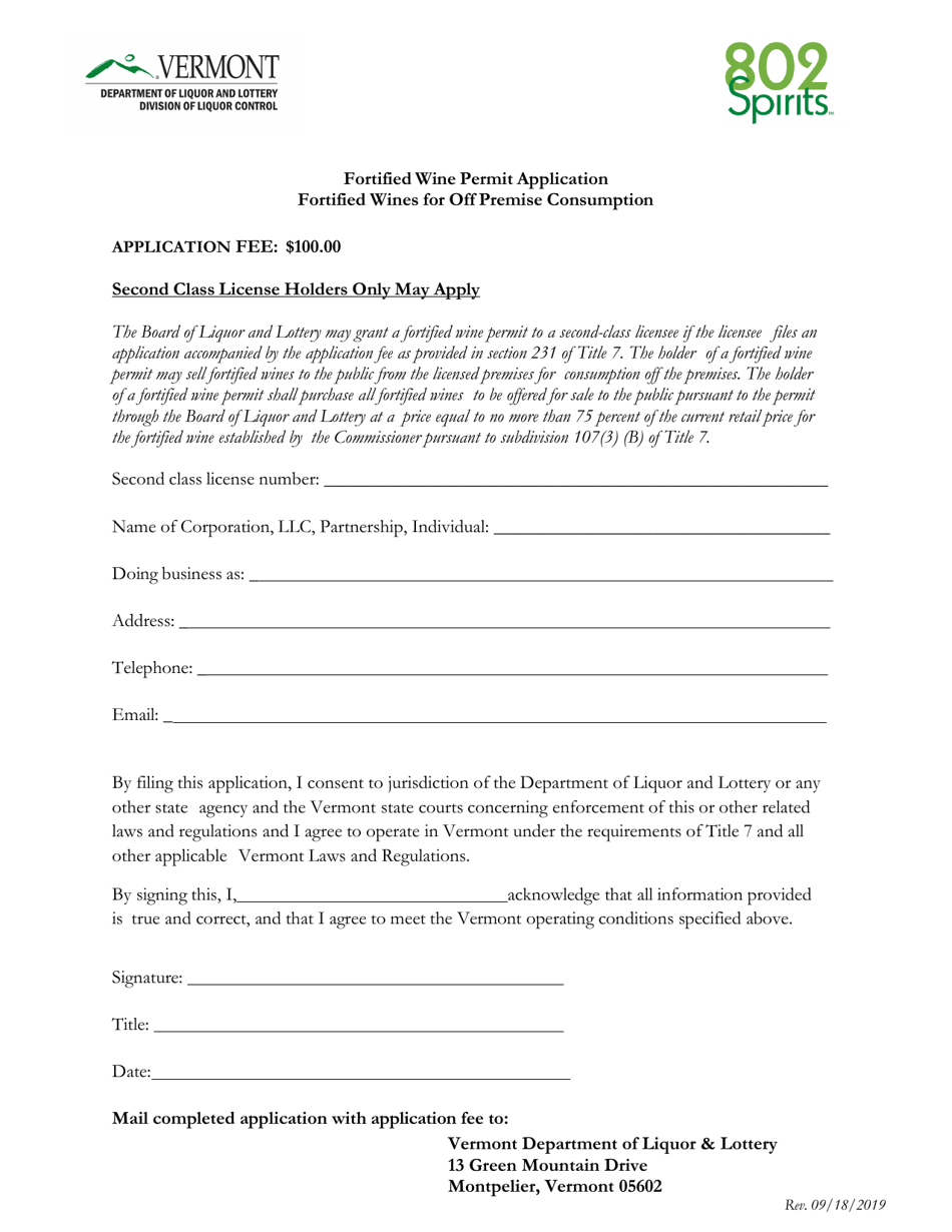 Fortified Wine Permit Application Fortified Wines for off Premise Consumption - Vermont, Page 1
