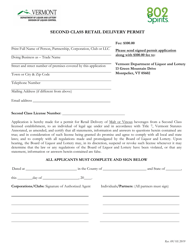 Document preview: Second Class Retail Delivery Permit - Vermont