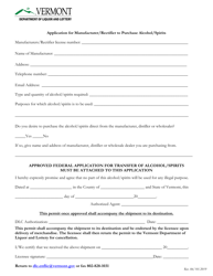 Document preview: Application for Manufacturer/Rectifier to Purchase Alcohol/Spirits - Vermont