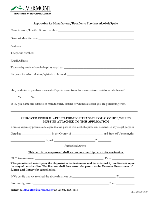 Application for Manufacturer / Rectifier to Purchase Alcohol / Spirits - Vermont Download Pdf