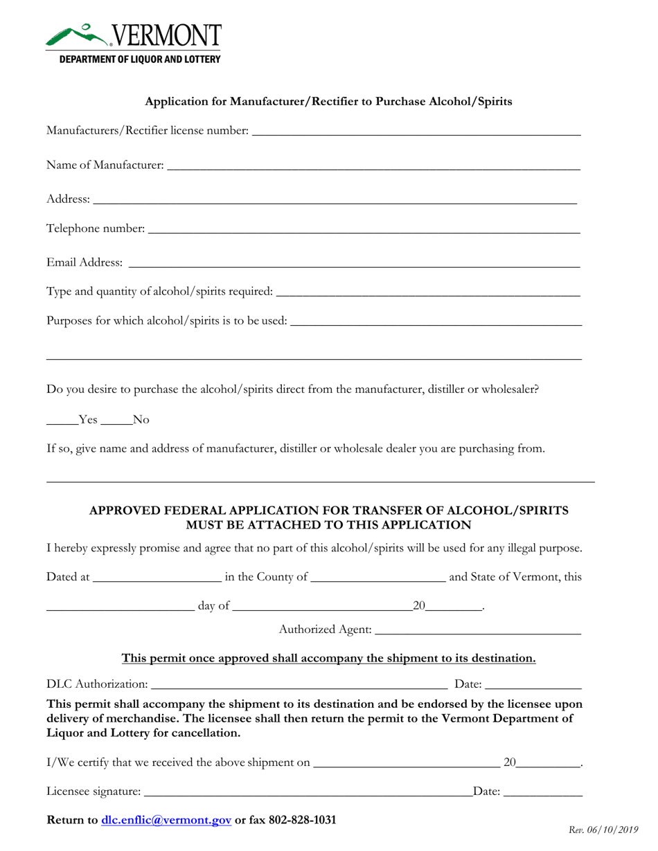 Application for Manufacturer / Rectifier to Purchase Alcohol / Spirits - Vermont, Page 1
