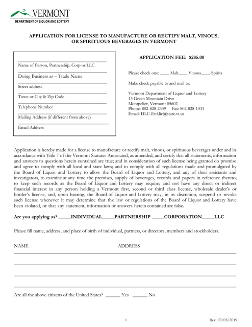 Application for License to Manufacture or Rectify Malt, Vinous, or Spirituous Beverages in Vermont - Vermont Download Pdf