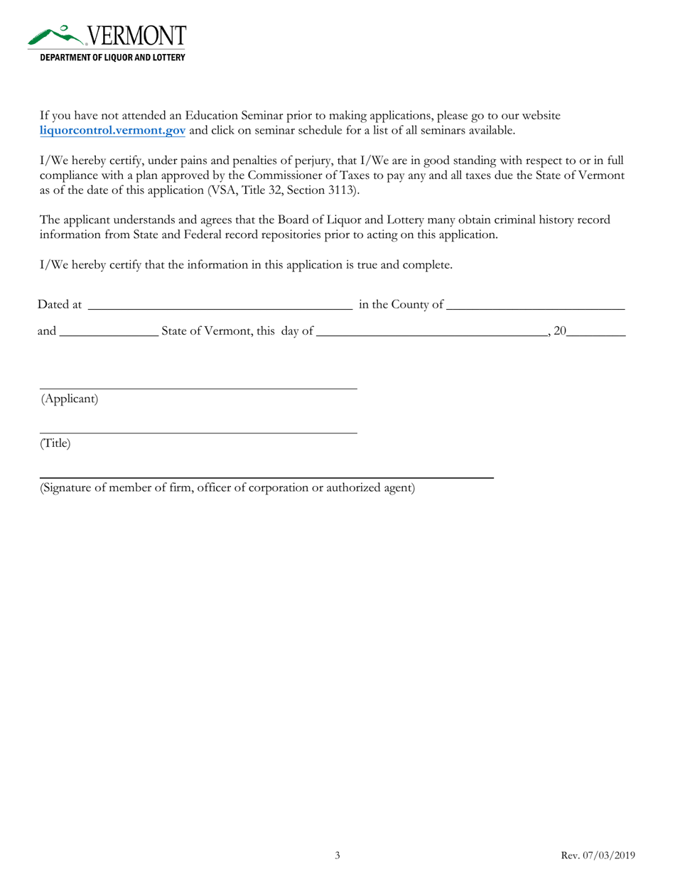 Application for License to Manufacture or Rectify Malt, Vinous, or Spirituous Beverages in Vermont - Vermont, Page 3