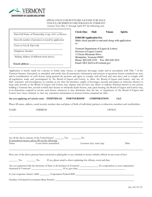 Application for Bottlers' License for Malt, Vinous, or Spiritous Beverages in Vermont - Vermont Download Pdf
