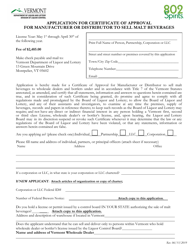 Application for Certificate of Approval for Manufacturer or Distributor to Sell Malt Beverages - Vermont