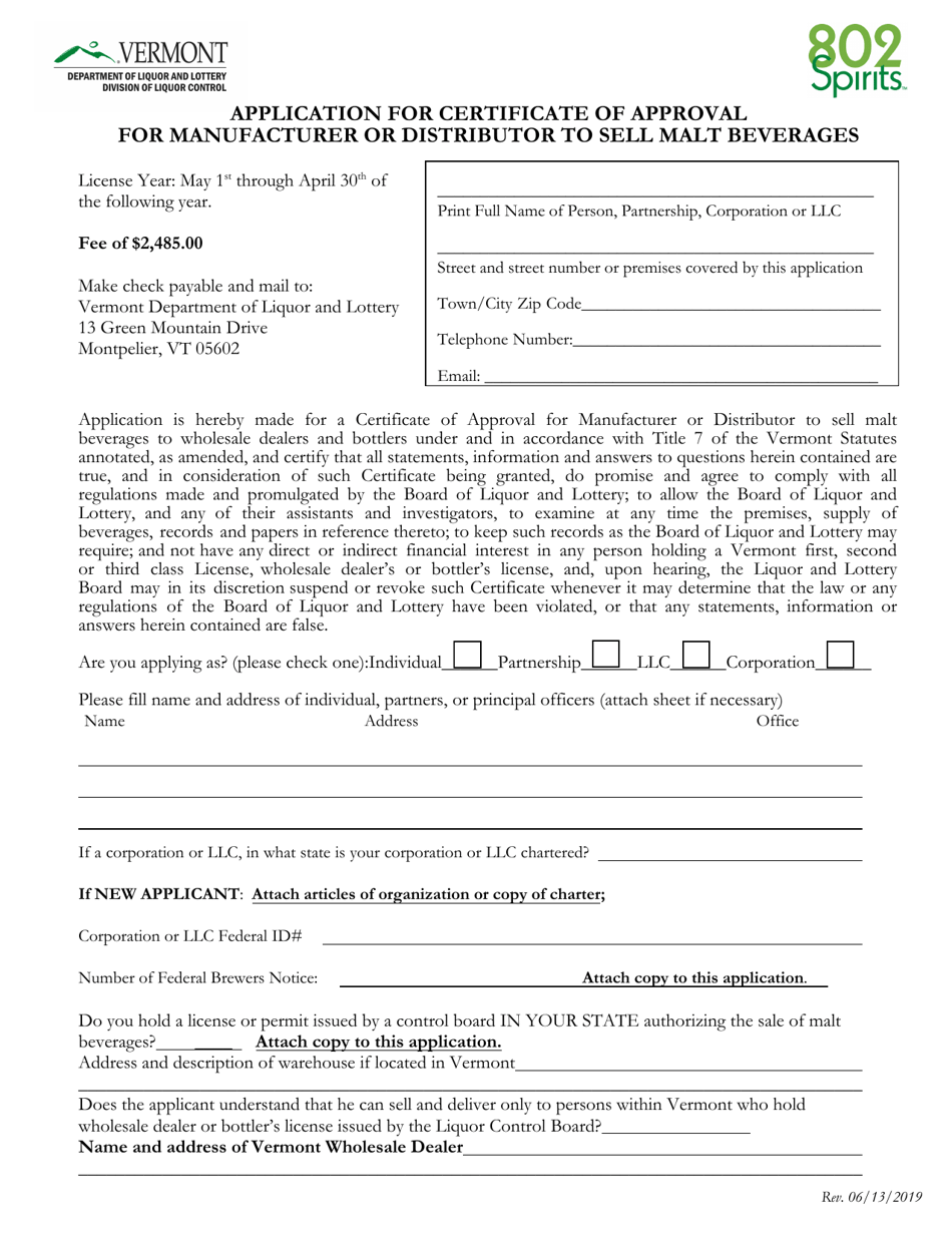 Application for Certificate of Approval for Manufacturer or Distributor to Sell Malt Beverages - Vermont, Page 1