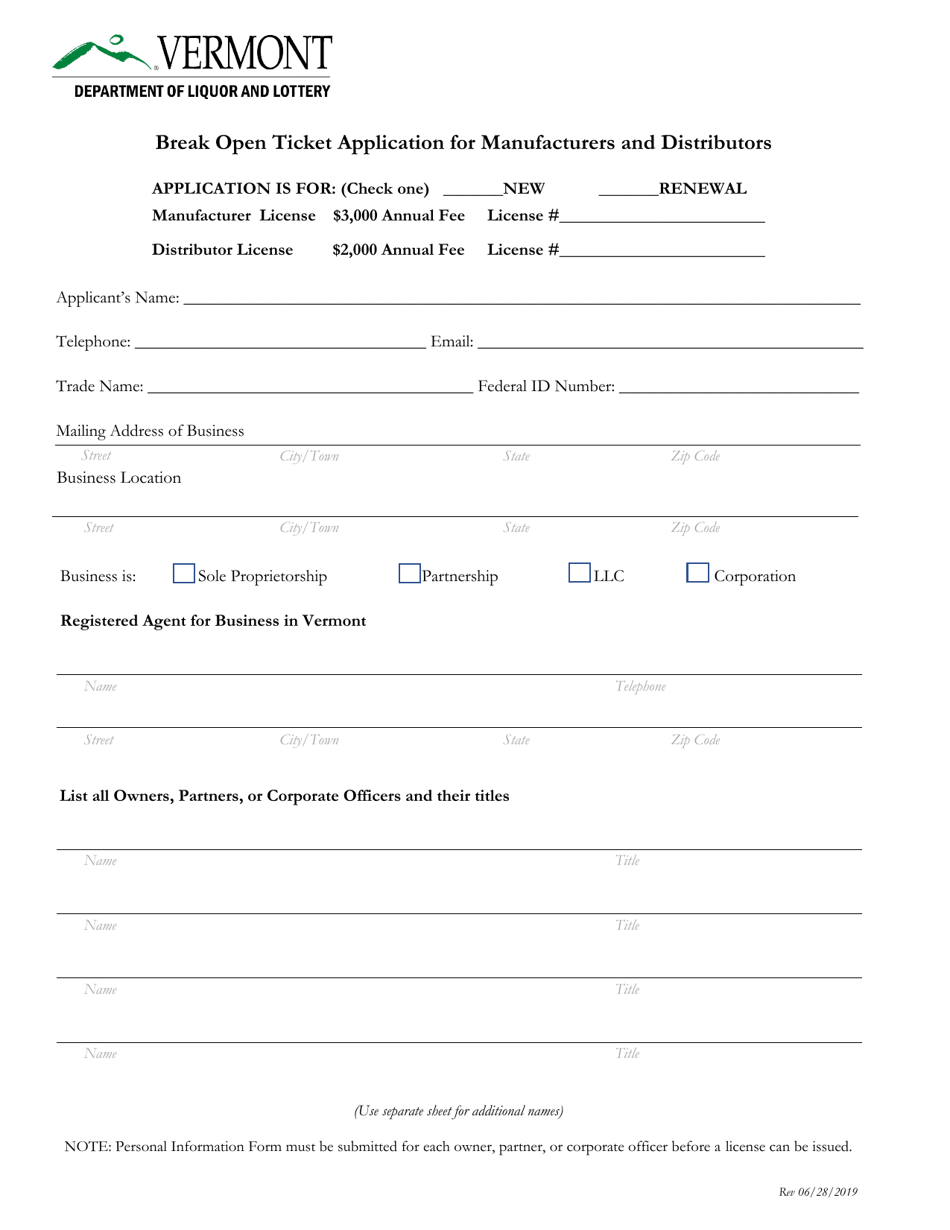 Break Open Ticket Application for Manufacturers and Distributors - Vermont, Page 1