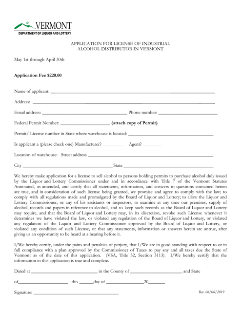 Application for License of Industrial Alcohol Distributor in Vermont - Vermont Download Pdf