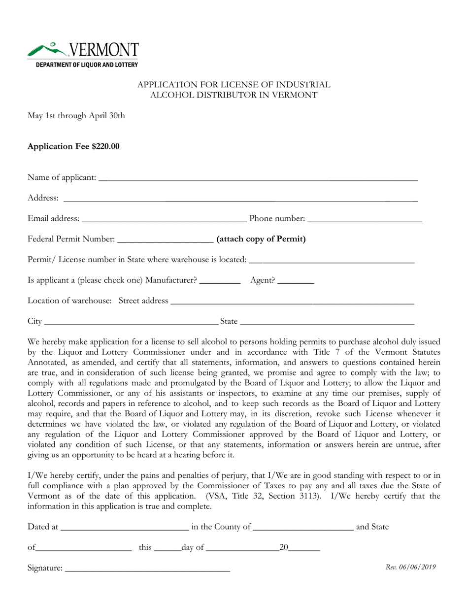 Application for License of Industrial Alcohol Distributor in Vermont - Vermont, Page 1