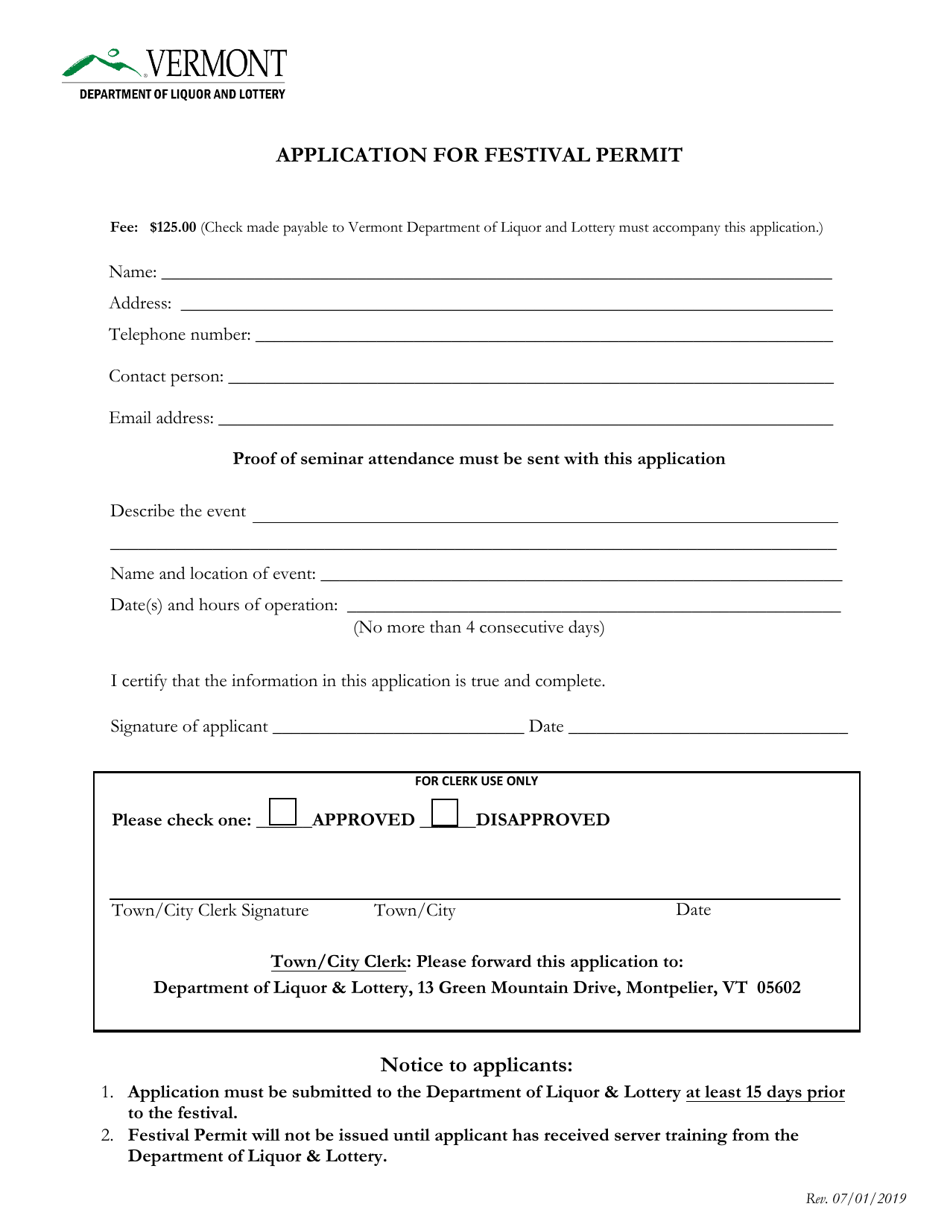 Application for Festival Permit - Vermont, Page 1