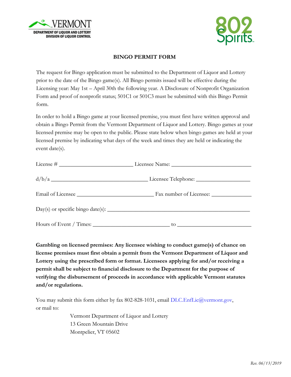 Vermont Bingo Permit Form Fill Out, Sign Online and Download PDF