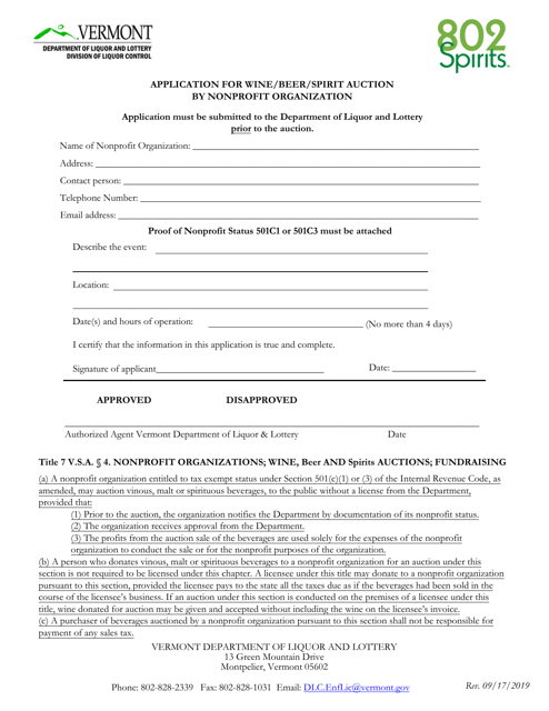 Application for Wine / Beer / Spirit Auction by Nonprofit Organization - Vermont Download Pdf