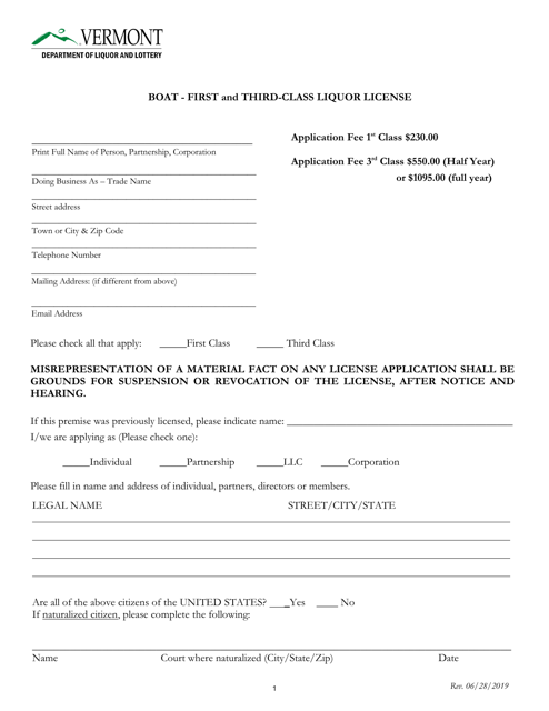 Boat - First and Third-Class Liquor License - Vermont Download Pdf