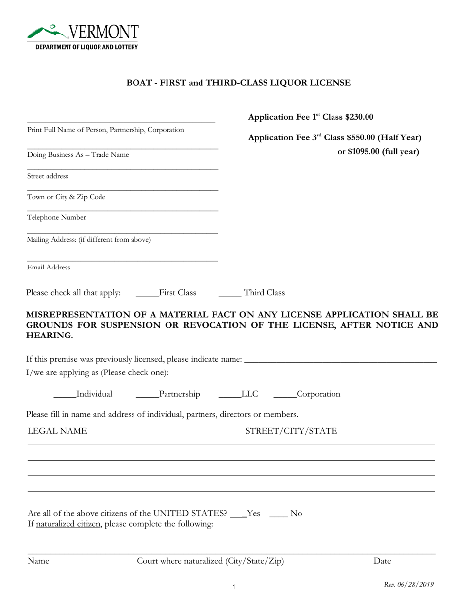 Vermont Boat First and ThirdClass Liquor License Fill Out, Sign