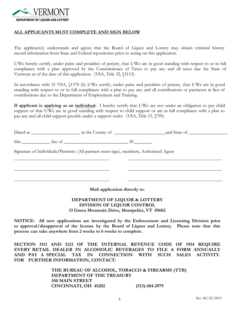 Vermont Boat First and ThirdClass Liquor License Fill Out, Sign