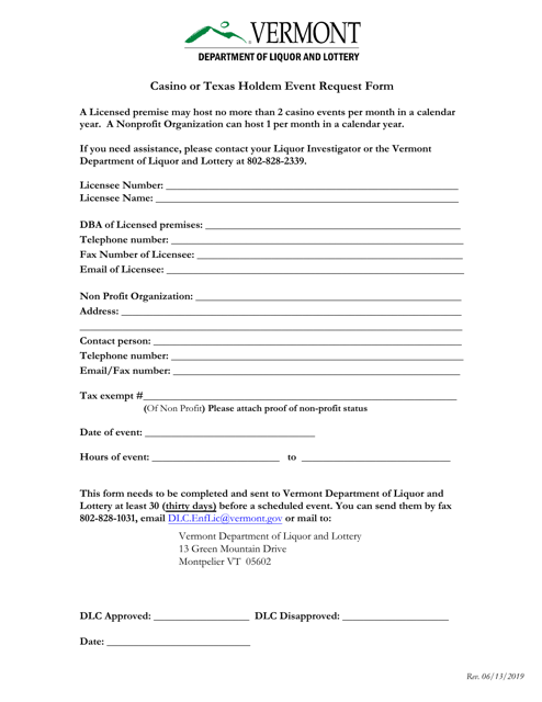 Casino or Texas Holdem Event Request Form - Vermont