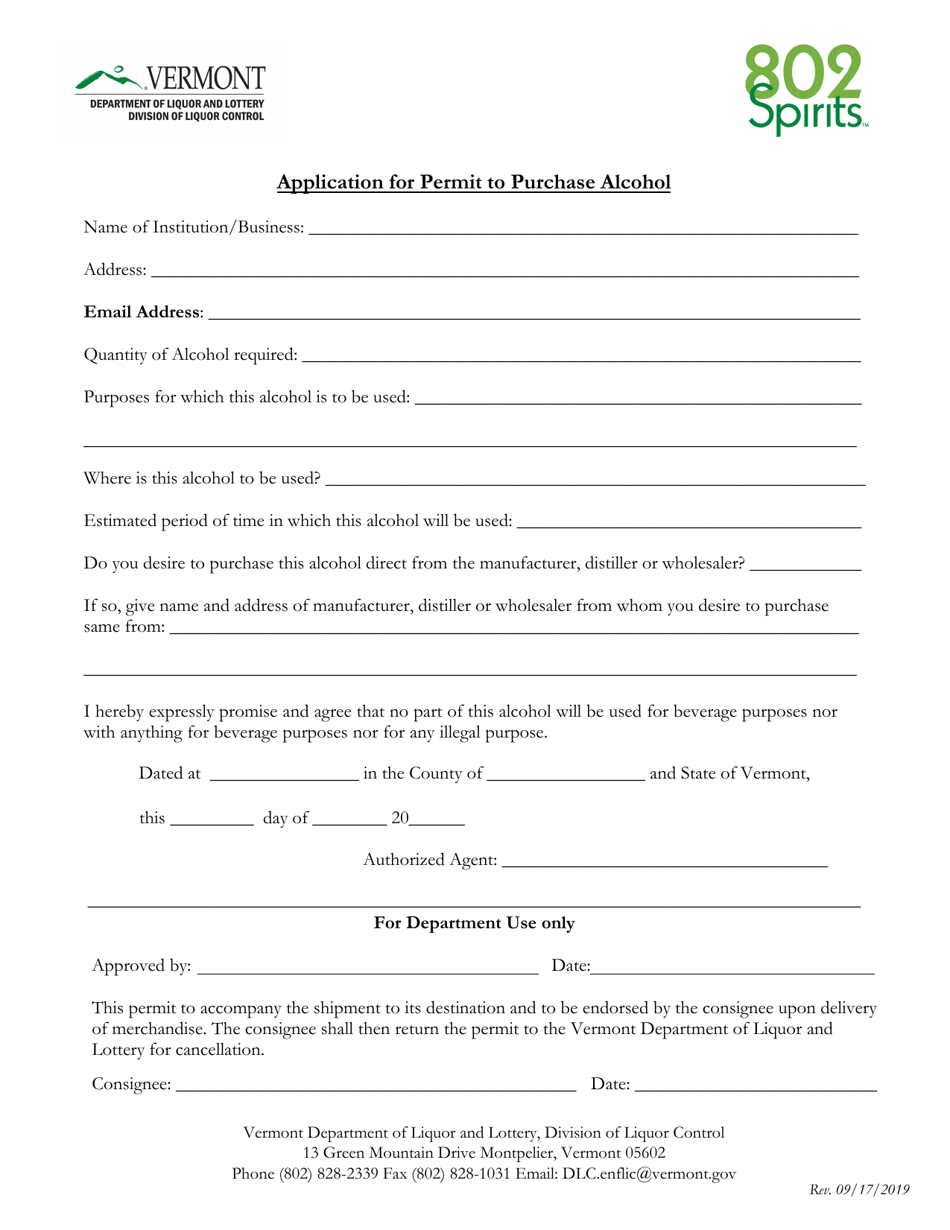 Application for Permit to Purchase Alcohol - Vermont, Page 1