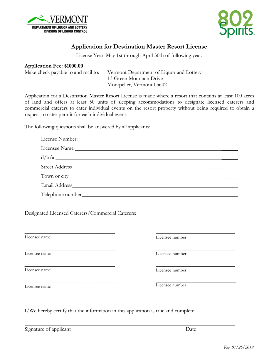 Application for Destination Master Resort License - Vermont, Page 1